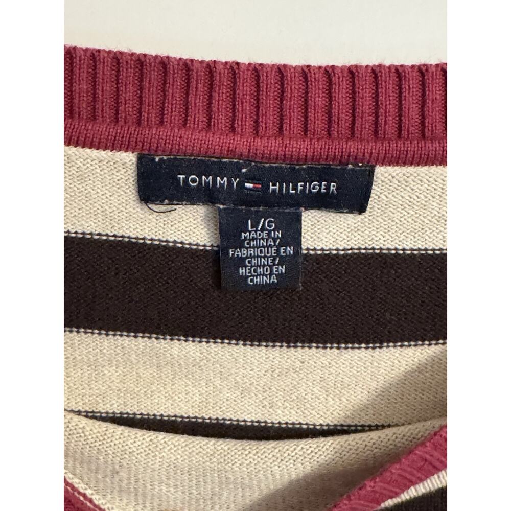 Tommy Hilfiger Women's Tan & Fuschia Striped Sweater Lightweight Knit Sz Large - Picture 6 of 8